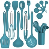 TEAMFAR Silikone Küchenhelfer, 15 Stück Küchenutensilien Kochutensilien Set zum Kochen, Hitzebeständiger Pfannenwender mit Utensilienhalter Set, Lebensmittelqualität, Spülmaschinenfest, Blau