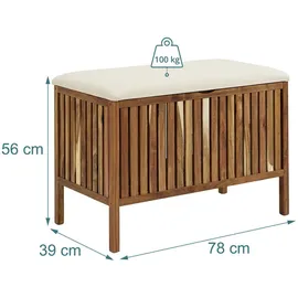 Relaxdays Wäschetruhe mit Sitz, Badbank mit Stauraum, 80 l Wäschesammler, HBT 56x78x39cm, Akazienholz, Stoff, braun/weiß