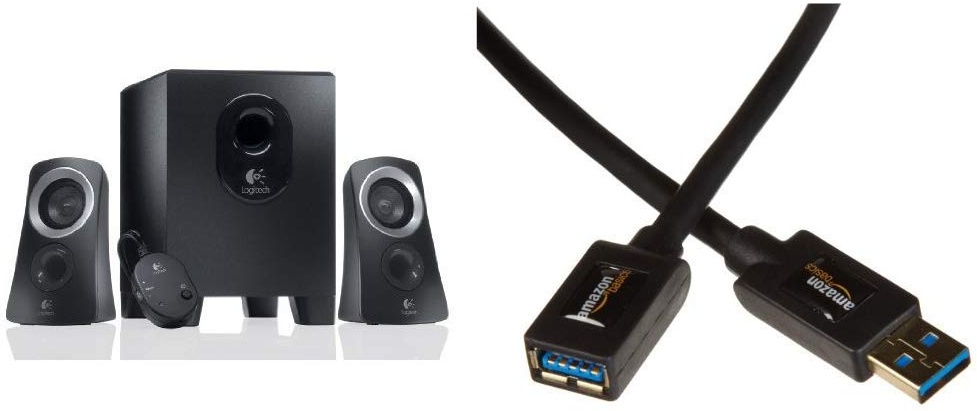 Logitech Z313 PC Lautsprechersystem (2.1) schwarz & Amazon Basics USB 3.0-Verlängerungskabel A-Stecker auf A-Buchse, 2 m