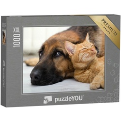 puzzleYOU Puzzle Puzzle 1000 Teile XXL „Katze und Hund liegen zusammen auf dem Boden“, 1000 Puzzleteile, puzzleYOU-Kollektionen Katzen-Puzzles