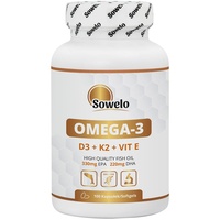 Sowelo Omega-3 - 1000mg I mit Vitamin D3 K2 E I Essentielle Omega 3 Fettsäuren Hochdosiert I Unterstützt die Natürliche Immunität I Einfluss auf die Senkungm LDL-Cholesterins I 100 Softgels