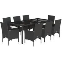 vidaXL 9-tlg. Garten-Essgruppe mit Kissen Schwarz Poly Rattan und Glas