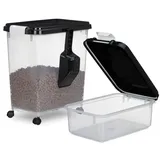 Relaxdays Hundefutter Aufbewahrungsbox 2er Set, 10l und 30l, Deckel, Rollen, Schaufel, Futterbox, transparent/schwarz