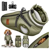 TRESKO Hundejacke Winter mit Reflektoren inkl. 15 Stück Kotbeutel, + Spender Hunderegenmantel wasserdicht Hundemantel mit Geschirr Weste grün XL