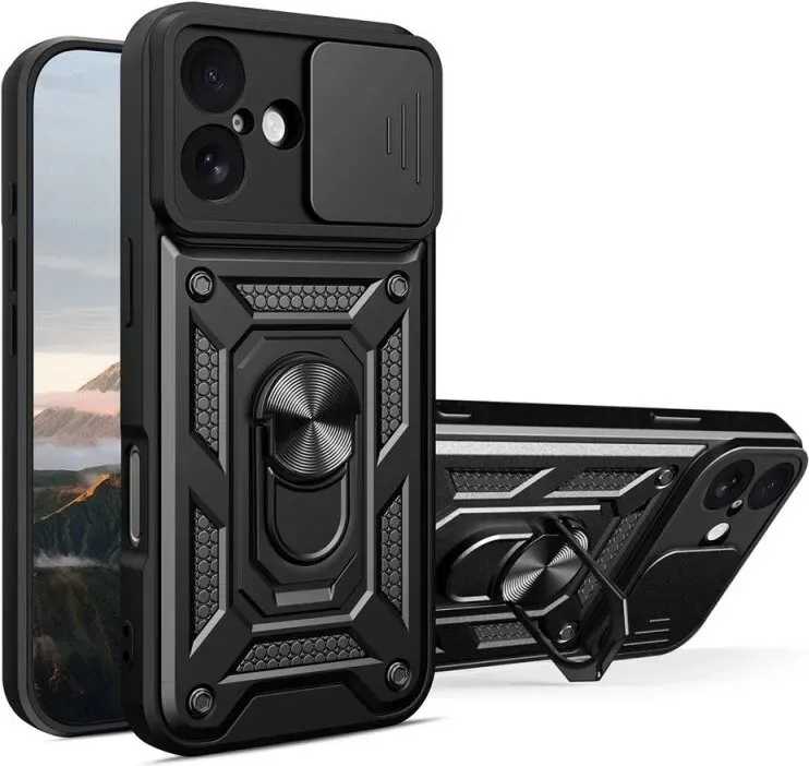 Hybrid Armor Camshield iPhone 17 Hülle mit Ständer und Kameraschutz - Schwarz