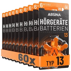 ABSINA Hörgerätebatterien 13 60 Stück mit gut greifbarer Schutzfolie - Hörgeräte Batterien 13 Zink Luft mit 1,45V - Typ 13 Batterien Hörgeräte Orange - PR48 ZL2 P13 Hörgerätebatterien Knopfzelle, (10 St)