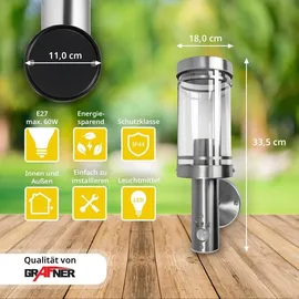 Grafner Edelstahl Wandlampe silber, Bewegungsmelder, IP44, E27 Fassung, ideal für smarte LED-Leuchtmittel, Klarlack-Beschichtung, Wandleuchte Wand...