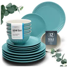 PURE LIVING INTERIOR DESIGN Steingut Geschirrset 4 Personen Hygge 12 tlg. TESTSIEGER, Traumhaftes Skandinavisches Steingut Geschirr Set, Schüssel- und Teller Set, Tafelservice 4 Personen, Geschirrsets Pure Living in Petrol