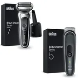 Braun Series 7 Flex mit Reinigungsstation, Trimmer & Rasierer Herren Elektrisch, silber + Bodygroomer/Intimrasierer Mann, Körperpflege- und Haarentfernung für Herren,wasserdicht,