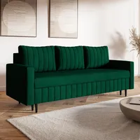 MOTIVENA Leo Sofagarnituren, 3 Sitzer Sofa mit Bettfunktion, Schlafsofa 215 cm Breit, Klappsofa mit Schlaffunktion, Bettsofa mit Schlaffunktion, Taschenfederkern (H3), Samt Sofa Grün