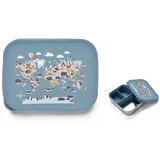 jenard Edelstahl Brotdose für Kinder – kompakte Brotdose/leichte Snackbox mit Silikon Deckel & Trennfach. Ideal für Kindergarten & unterwegs. Auslaufsicher & BPA-frei, Blau/Weltkarte mit Tiere
