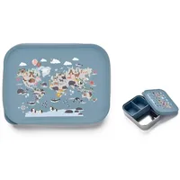 jenard Edelstahl Brotdose für Kinder – kompakte Brotdose/leichte Snackbox mit Silikon Deckel & Trennfach. Ideal für Kindergarten & unterwegs. Auslaufsicher & BPA-frei, Blau/Weltkarte mit Tiere