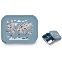 jenard Edelstahl Brotdose für Kinder – kompakte Brotdose/leichte Snackbox mit Silikon Deckel & Trennfach. Ideal für Kindergarten & unterwegs. Auslaufsicher & BPA-frei, Blau/Weltkarte mit Tiere