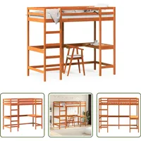 The Living Store Hochbett mit Schreibtisch Wachsbraun 90x200cm Massivholz Kiefer - Braun