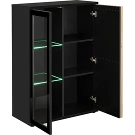 furn.design Wohnwand "Morgan" in schwarz und Jackson Eiche Schrankwand mit Kamin, inkl. Beleuchtung - Schwarz
