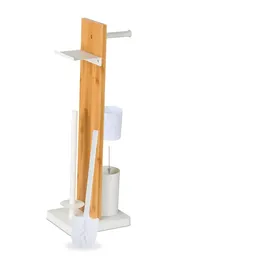 Relaxdays WC Garnitur, Bambus, Hbt: 68x27x18 cm, freistehender Klopapierhalter, Ablage, Toilettenbürste, weiß/natur