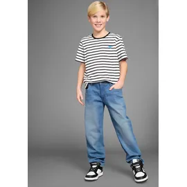KangaROOS T-Shirt "Ringelshirt mit kleiner Stickerei", Jungen, Gr. 164/170, weiß, schwarz geringelt, Single Jersey, Obermaterial: 95% Baumwolle, 5% Elasthan, bestickt, geringelt, gestreift, Basic, Basic, Rundhals, Shirts T-Shirt, garngefärbter Ringel