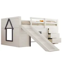 OKWISH Hochbett Kinderbett,Funktionsbett,Einzelbett,mit Schreibtisch (140 x 200 Niedriges Hochbett mit Rutsche, 3 Schubladen & 2 Türen in Creme – Robustes Massivholzdesign mit praktischen Stauraummöglichkeiten für Kinderzimmer und Jugendräume) 145 cm x 204 cm x 108 cm