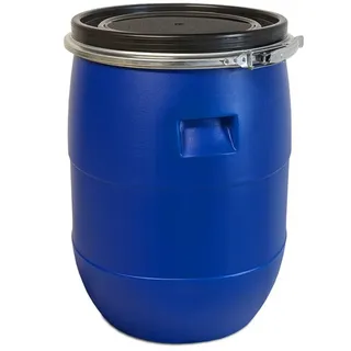 plasteo plasteo® 60 Liter Weithalsfass mit Deckel und Spannring Futtertonne Kunststofffass Universalfass Deckelfass Maischefass Sauerkrautfass - Blau