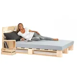 Lermowood Palettenbett M1 aus Holz 180 x 200 cm Natur mit Kopfteil Holzbett 20cm Stabiles Seniorenbett Kinderbett Jugendbett Gästebett erhöhtes Einzelbett Bettgestell Futonbett Komforthöhe Naturholz