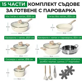 just perfecto household appliances Just Perfecto JL-779: 15-teiliges Kochgeschirr-Set aus Granit mit Dampfgarer ? Beige) - Weiß