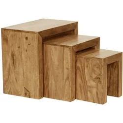 KADIMA DESIGN 3er Set Satztisch MUMBAI Massiv-Holz Akazie Wohnzimmer-Tisch Landhaus-Stil Beistelltisch dunkel-braun