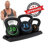 Miweba Sports Kettlebell Premium Kettlebell Set inkl. Ablage, 5/10/15 Lbs, (Schwunghantel - Hantelset Indoor & Outdoor - Krafttraining Workout Kugelgewicht Übungsseil, Total 13,8 Kg, 2.3/4.6/6.9Kg), Fitness Seil Kurzhantel Hanteln Gewichte Kugelhantel Beton schwarz