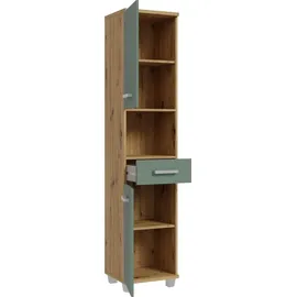 Forte VERIS Badschrank 40, hoher Badezimmerschrank mit 2 Türen, 1 Schublade und 1 offenem Fach, Holzwerkstoff, Salbei mit Artisan Eiche Holzdekor, 40,2 cm breit x 186,8 cm hoch x 34,8 cm tief