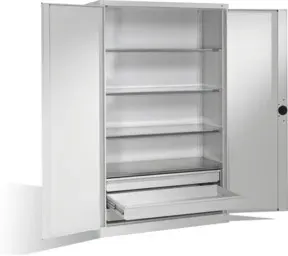 C+P Schwerlastschrank mit Drehtüren, 4 Böden und 3 Schübe, H1950xB1200xT500mm Front Lichtgrau Korpus Lichtgrau