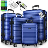 tillvex Kofferset Reisekoffer Set 4-teilig mit Gepäckwaage, Koffergurte, (und Kofferanhänger Hartschale Kofferset mit 4 Rollen, Trolley Gepäck Koffer mit TSA Schloss Rollkoffer) blau