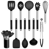 Küchenhelfer Set, Homikit 10 Stück Silikon Küchenutensilien Kochbesteck Set mit Edelstahlgriff, Antihaft Hitzebeständiger Schwarz Kochutensilien Set, Gesund, Spülmaschinenfest