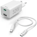 Hama Schnellladegerät, 2 Ports, mit Ladekabel, 32W (USB A, USB C, Quick Charge, Power Delivery, USB Ladegerät, für Handy, AirPods, Tablet etc., Ladekabel Typ C Ladegerät, Mehrfach Ladeadapter) weiß