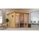 Woodfeeling Karibu Sauna Askja Superior mit 68 mm Inkl. Dachkranz Ohne Ofen, inkl. 8-teiligem gratis Zubehörpaket (Gesamtwert 191,92€)