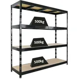 Proregal Profi Schwerlastregal Rhino HxBxT 200x200x60cm 4 Spanplatten-Ebenen 8mm Fachlast 500kg Schwarz Stecksystem Lagerregal Steckregal