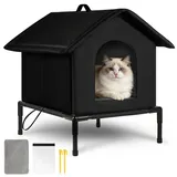 Katzenhaus Outdoor mit Erhöhten Design, Katzenhöhle für Draußen, Katzenhaus Für Draußen Wasserdicht Warm Hundehöhle mit Türvorhang, Waschbar Hundehaus Tierheim Für Streuner Haustiere