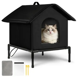 Katzenhaus Outdoor mit Erhöhten Design, Katzenhöhle für Draußen, Katzenhaus Für Draußen Wasserdicht Warm Hundehöhle mit Türvorhang, Waschbar Hundehaus Tierheim Für Streuner Haustiere