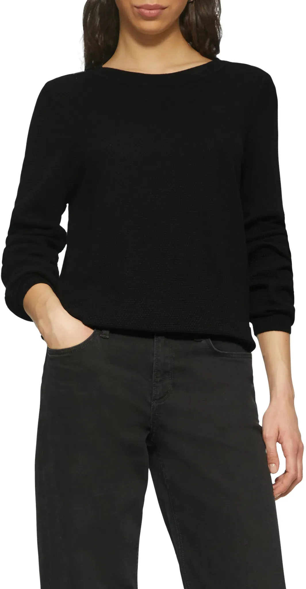 Rundhalspullover QS, Damen, Gr. XS, schwarz, Strick, Obermaterial: 60% Viskose, 40% Baumwolle, unifarben, regular fit taillenbedeckt, Rundhals, Rippbündchen, Pullover Rundhalspullover, in Strick-Optik
