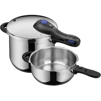 WMF Perfect Plus One Pot Schnellkochtopf Set Induktion 2-teilig, Dampfkochtopf 6,5l + 3l großes Kochsignal, 2 Kochstufen, abnehmbarer Deckelgriff, Einhand-Kochstufenregler, Cromargan Edelstahl poliert