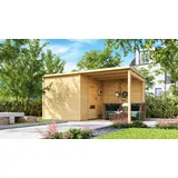Karibu Saunahaus Außensauna Gartensauna Pepe 4 mit Anbaudach + 9kw Ofen und Easy Steuergerät Sparset 467 x 231 cm Farbe: Naturbelassen