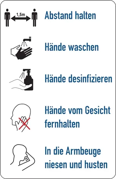 Hygieneschild, Verhaltensregeln gegen die Verbreitung von Viren - 100x150 mm Folie selbstklebend