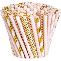 [200er Packung] Pink & Gold Papier Trinkhalme 100% biologisch abbaubare Multi-Pattern Party Strohhalme...
