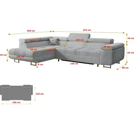 altdecor Ecksofa Cord mit Schlaffunktion 2-Sitzer Grau