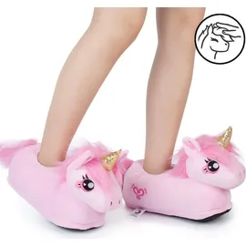 corimori Süße Plüsch Hausschuhe (10+ Designs) Einhorn „Rose“ Slipper Einheitsgröße 34-44 Uni Pantoffeln Rosa Pink Gold