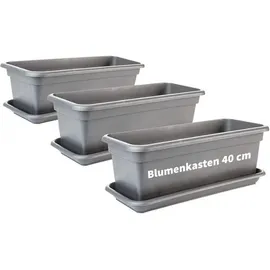 Centi Balkon Blumenkasten Set 40cm, 3er-Pack, mit Untersetzer, Kunststoff, EU-Fertigung, Anthrazit - Grau