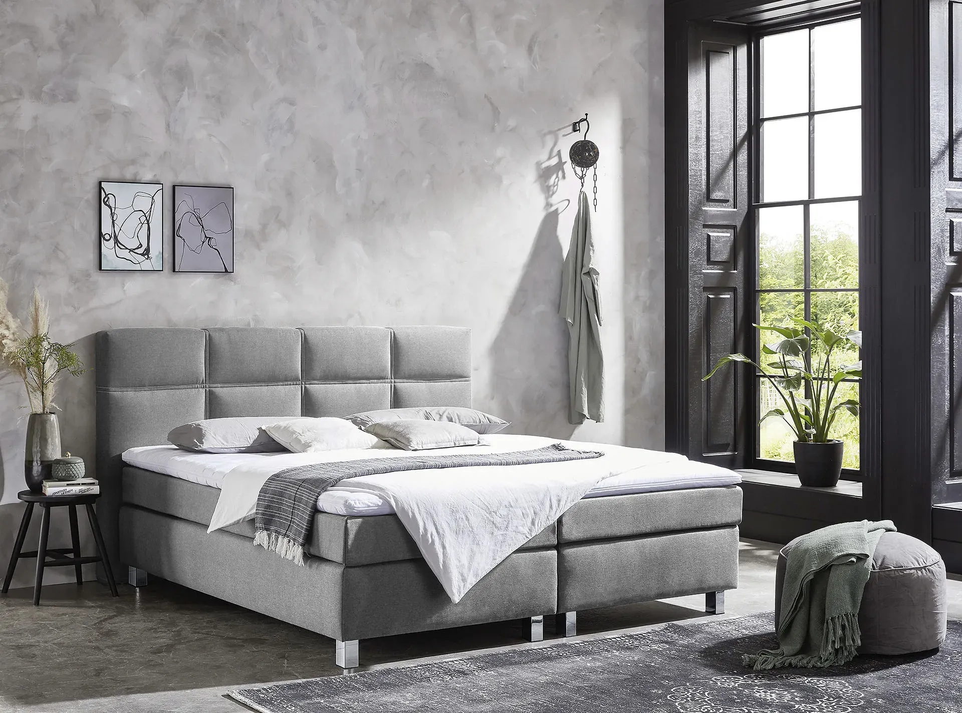Boxspringbett, grau, B:175cm L:210cm, Bezug Bett: Feinstruktur 100% Polyester;Bezug Bonnell-Federkernmatratze: 100% Polyester;Bezug Kaltschaummatratze: 100% Polyester;Bezug Tonnentaschenfederkernmatratze: 80% Baumwolle, 20%Polyester;Topper: Komfortschaum mit Bezug 100% Polyester, WESTFALIA SCHLAFKOMFORT, Komplettbetten, Boxspringbett, mit Topper
