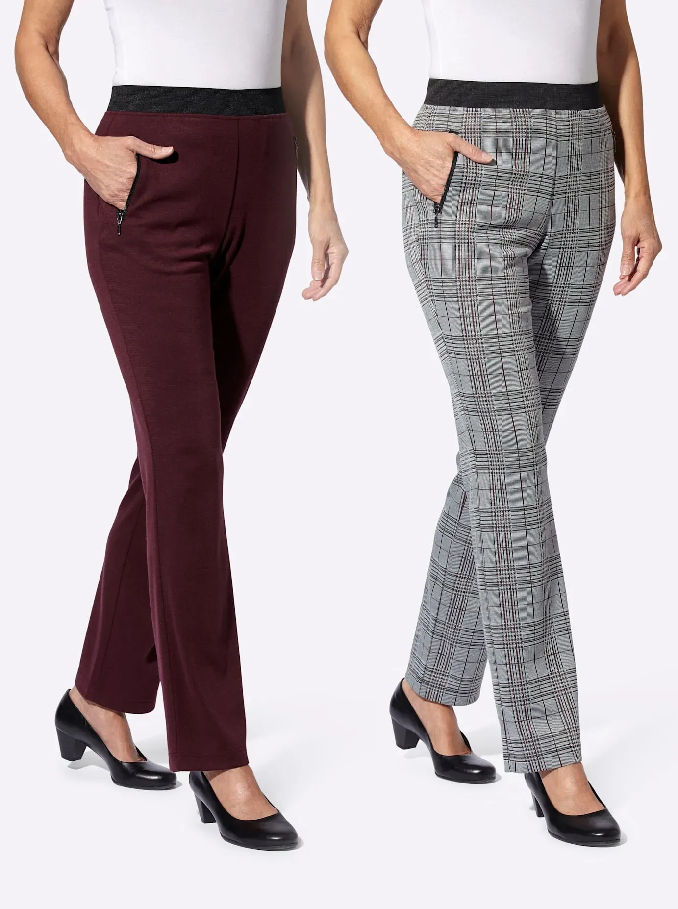 Schlupfhose CLASSIC BASICS, Damen, Gr. 52, Normalgrößen, rot (burgund, burgund, schwarz, kariert), 97% Polyester, 3% Elasthan, unifarben, gemustert, kariert, lang, Hosen