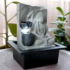 GLOBO Tischbrunnen mit Pumpe Springbrunnen mit LED Beleuchtung Buddha Design Zimmerbrunnen grau Dekoration, LxBxH 21x18,5x25,5 cm