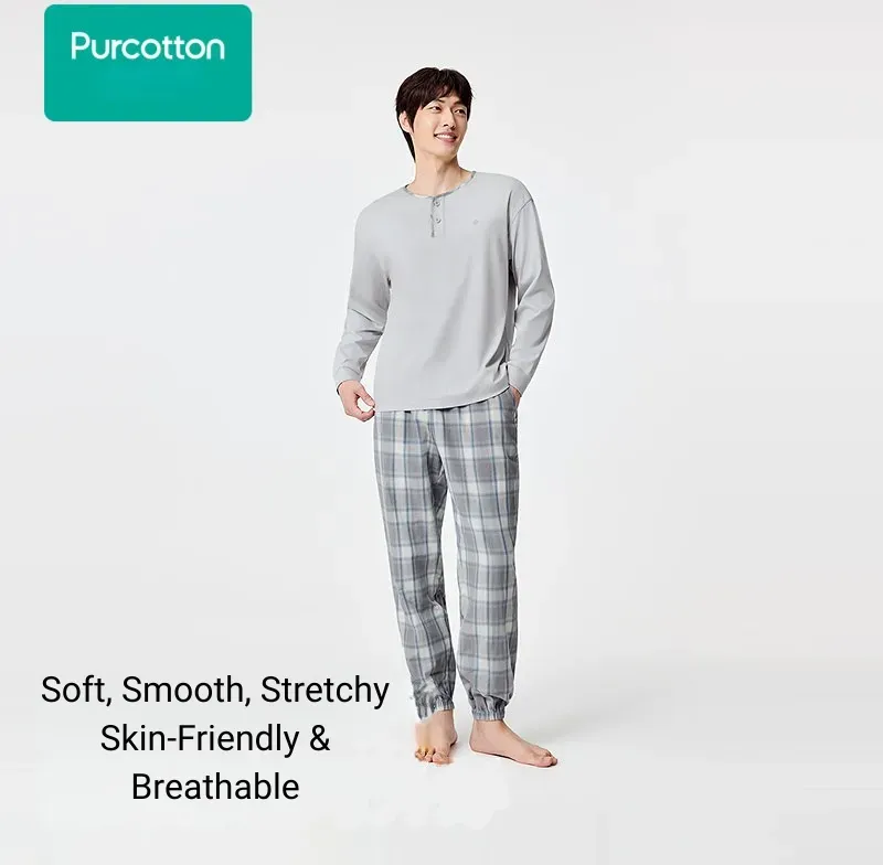 Herren glänzendes Baumwoll‐Top + lange Gaze‐Höschen Loungewear‐Set, Moonlit Rockgrau, Top: UK 42 (XL); Bottom: UK 36 (XL)