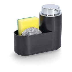 Zeller Seifenspender-Set, 3 teilig, Kunststoff, Praktisches Set mit integrierter Ablagefläche für eine ordentliche Aufbewahrung, 1 Set = 1 Seifenspender + 1 Spülschwamm + 1 Stahlwolle