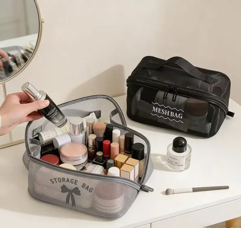 Verpex H7 Graue, hochwertige Kosmetiktasche/Reisetasche/Kosmetikbeutel/Aufbewahrungstasche/Multifunktionale, beliebte Reisetasche mit Netzkissen